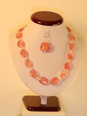 Natural Chrry Quartz Faceted Oval Gemston & White Quartz Necklace 18-20 Inches